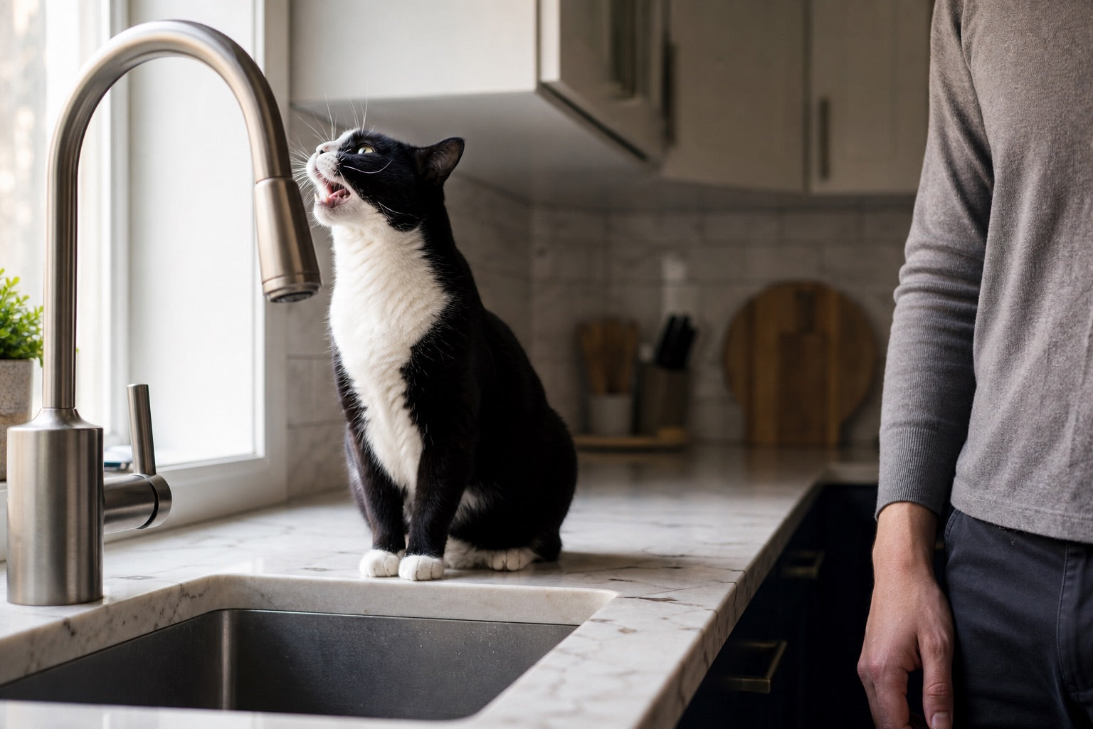 A tuxedo cat meowing up at a closed kitchen faucet