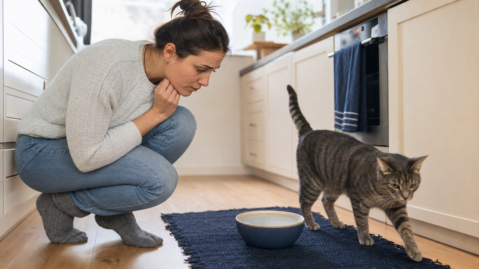 A puzzled cat parent watching her tabby walk past a full water bowl