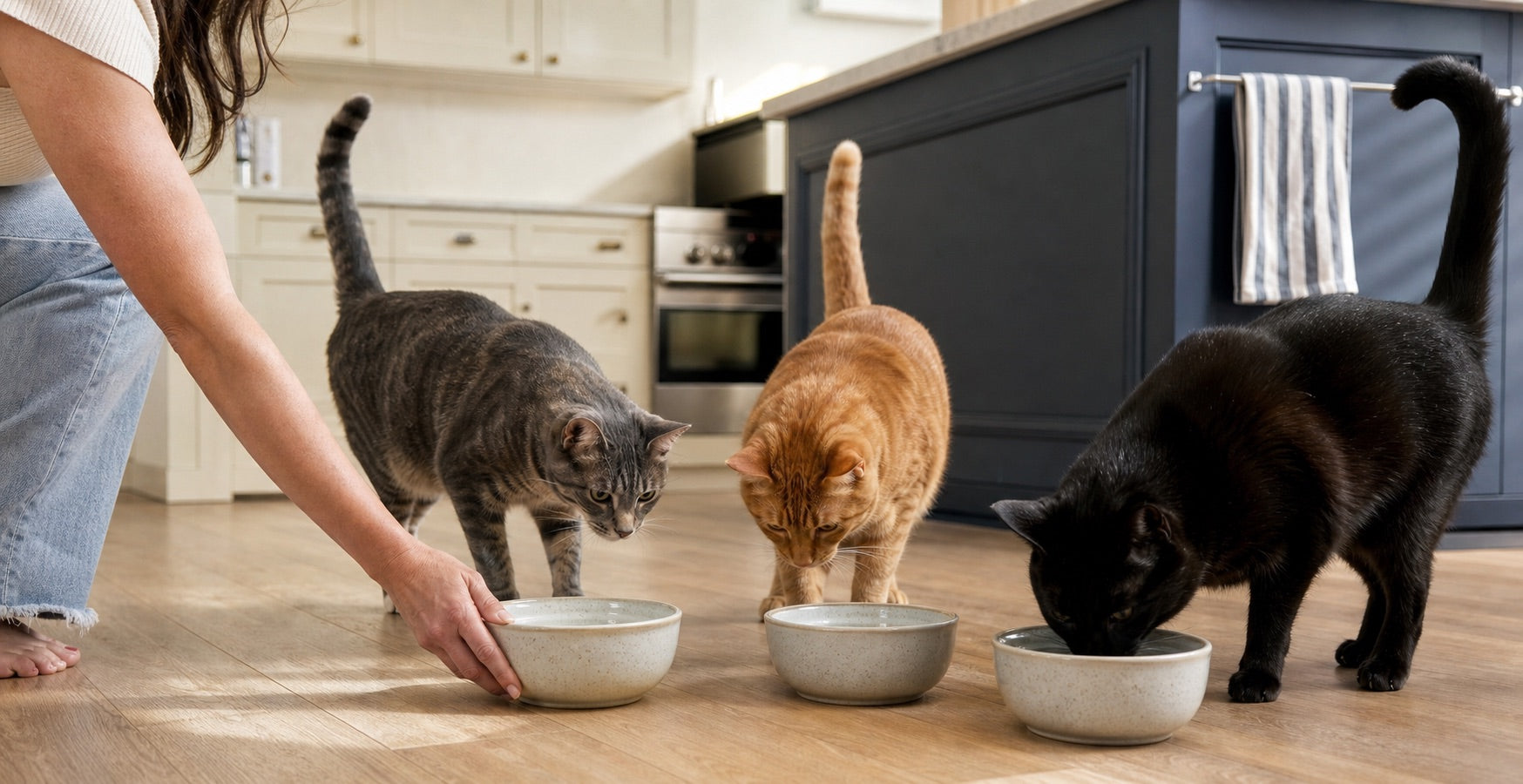 Three cats gathering around separate water bowls in a shared home