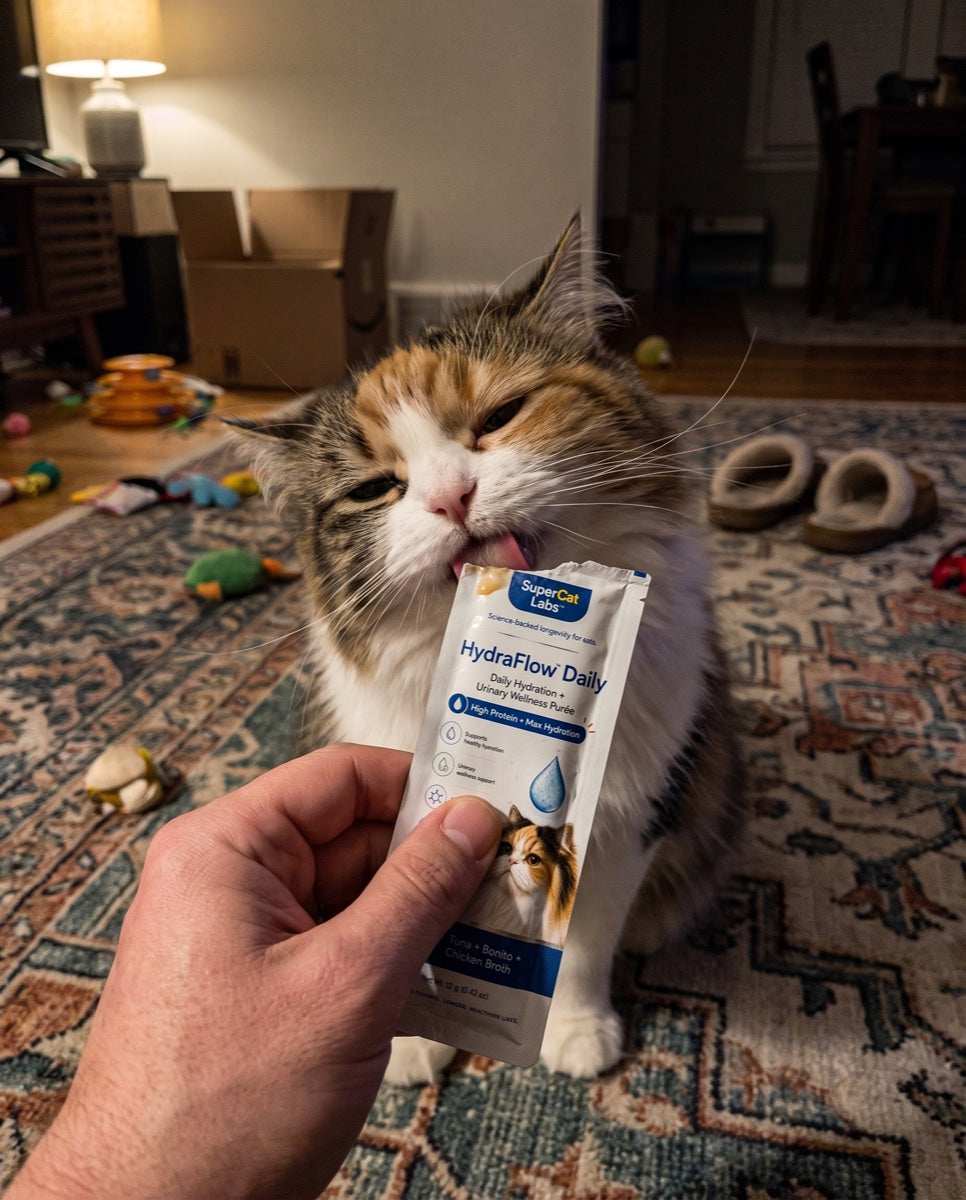 A fluffy calico cat licking HydraFlow Daily directly from its sachet