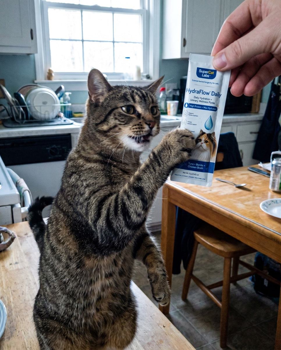 A tabby cat reaching up eagerly for a HydraFlow Daily sachet
