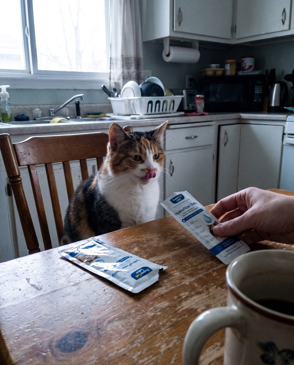 A satisfied calico cat licking her lips beside opened HydraFlow Daily sachets