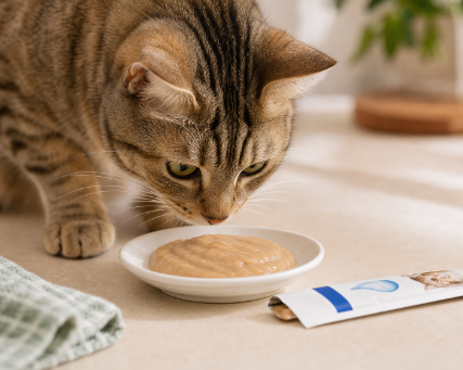 Curious cat discovering SuperCat puree in week one