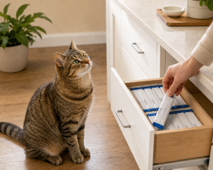Cat waiting eagerly for the daily SuperCat sachet routine