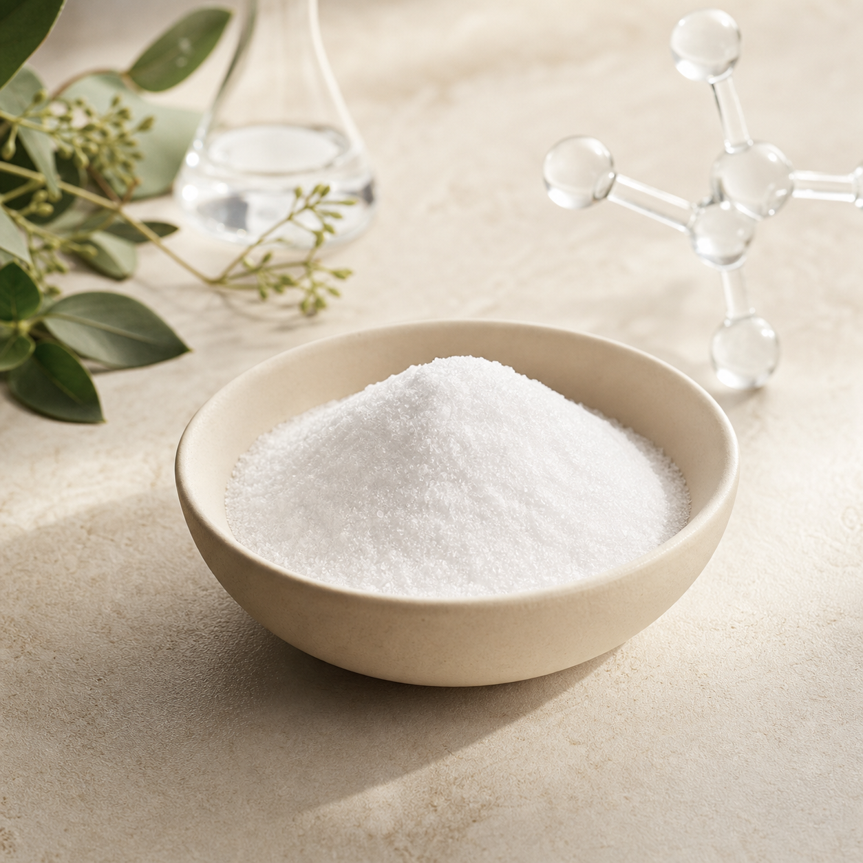 Pure taurine crystals in a ceramic dish with a molecular model