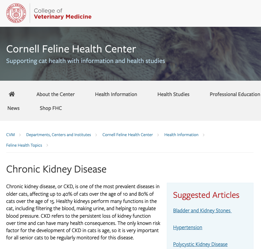 Cornell Feline Health Center Chronic Kidney Disease article
