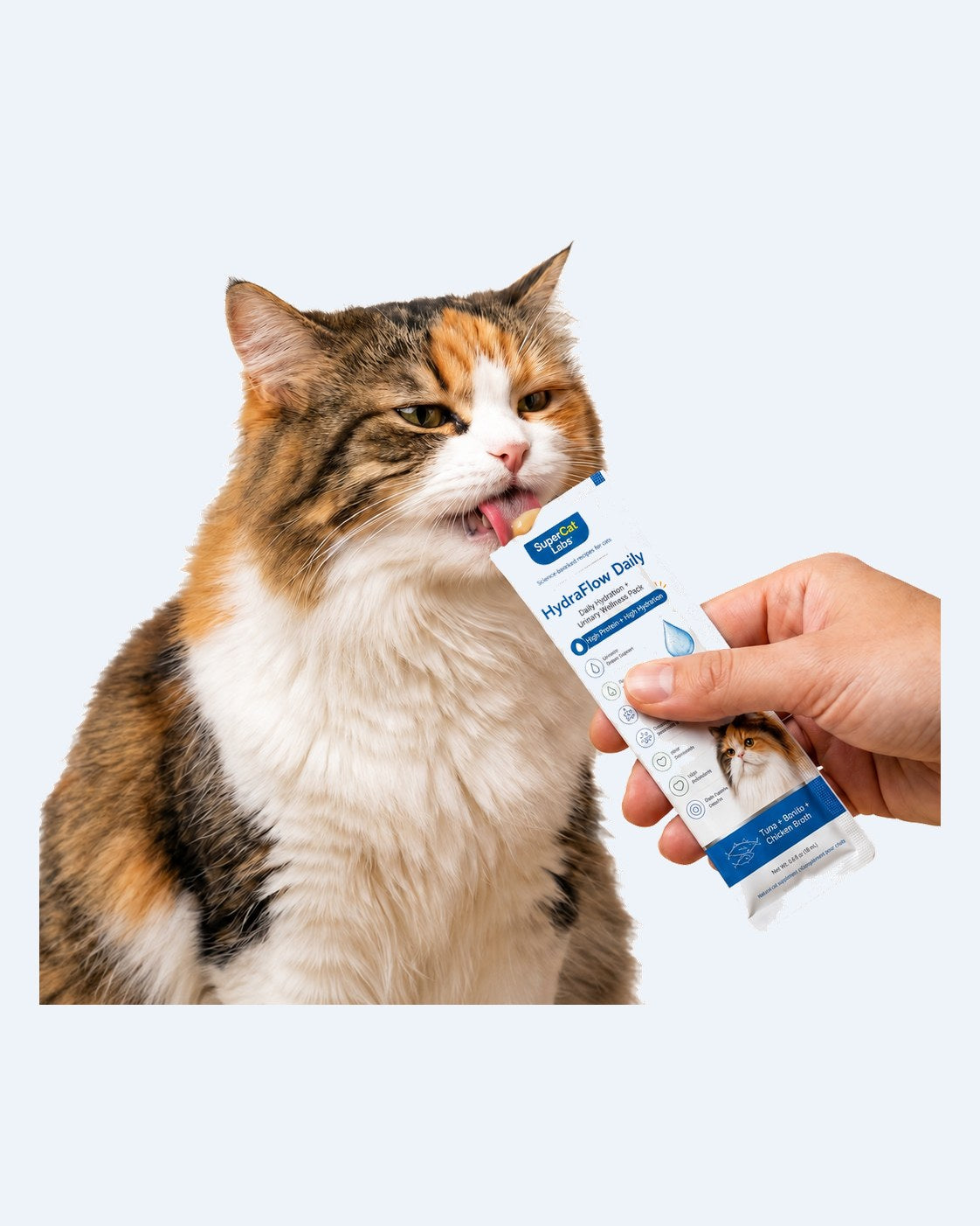 A cat licking a HydraFlow Daily sachet