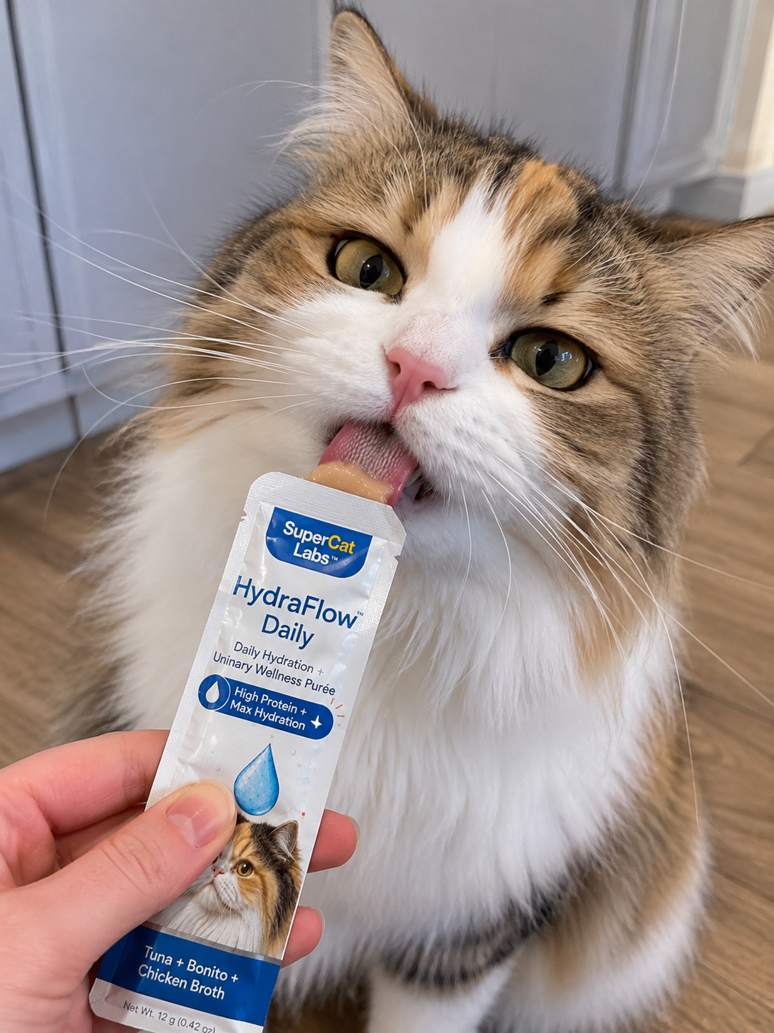 A cat eagerly licking a SuperCat sachet from an owner's hand