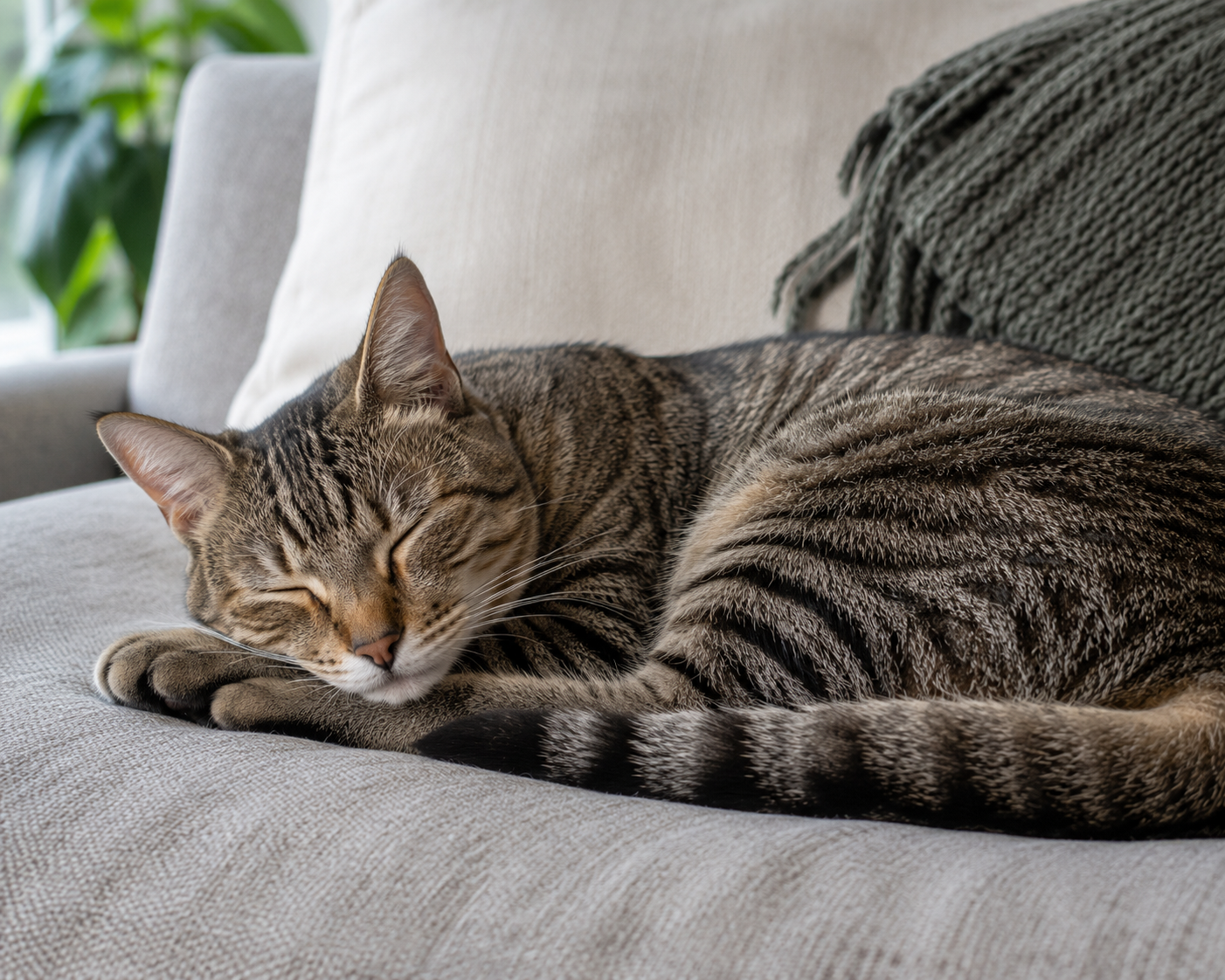 Cat sleeping peacefully on a couch, looking completely normal and healthy