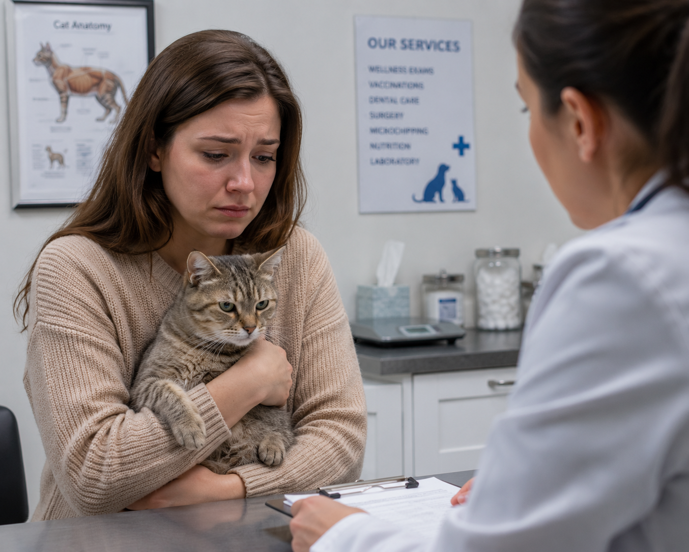 A sad-looking woman holding a cat at the vet's office