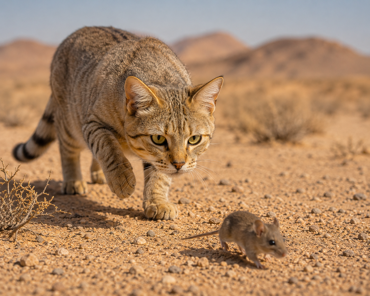 An African wildcat hunting a mouse in a desert landscape