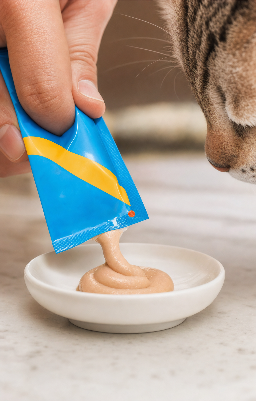 Sachet being squeezed into a dish as a cat approaches
