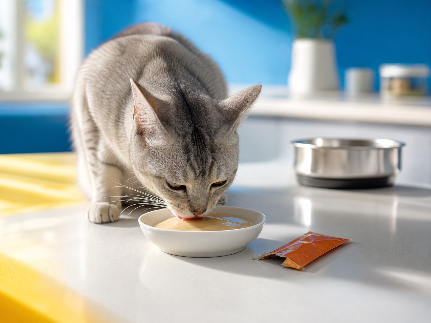 Cat licking puree from a dish beside a water bowl