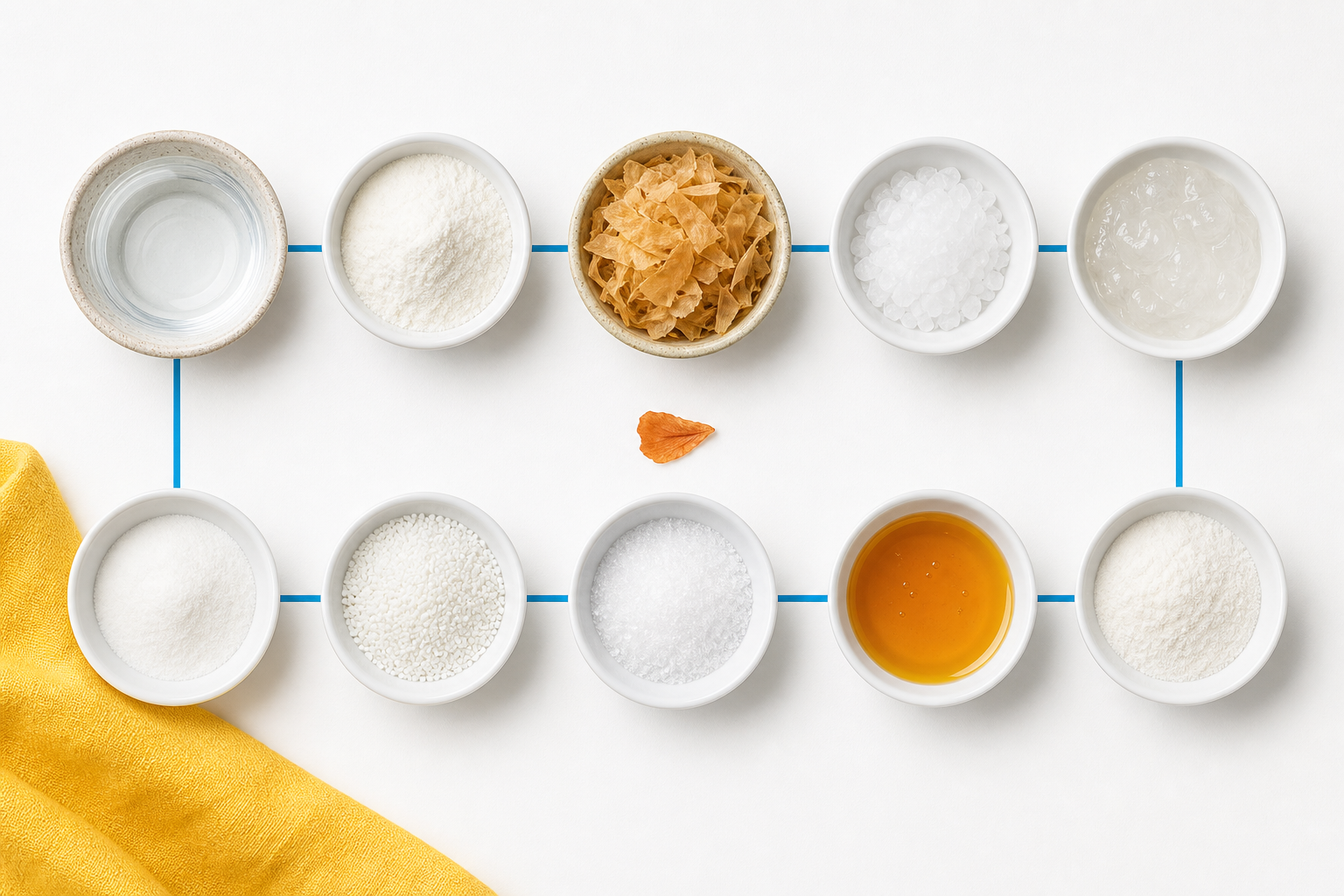 Ingredient bowls arranged in a clean formula grid