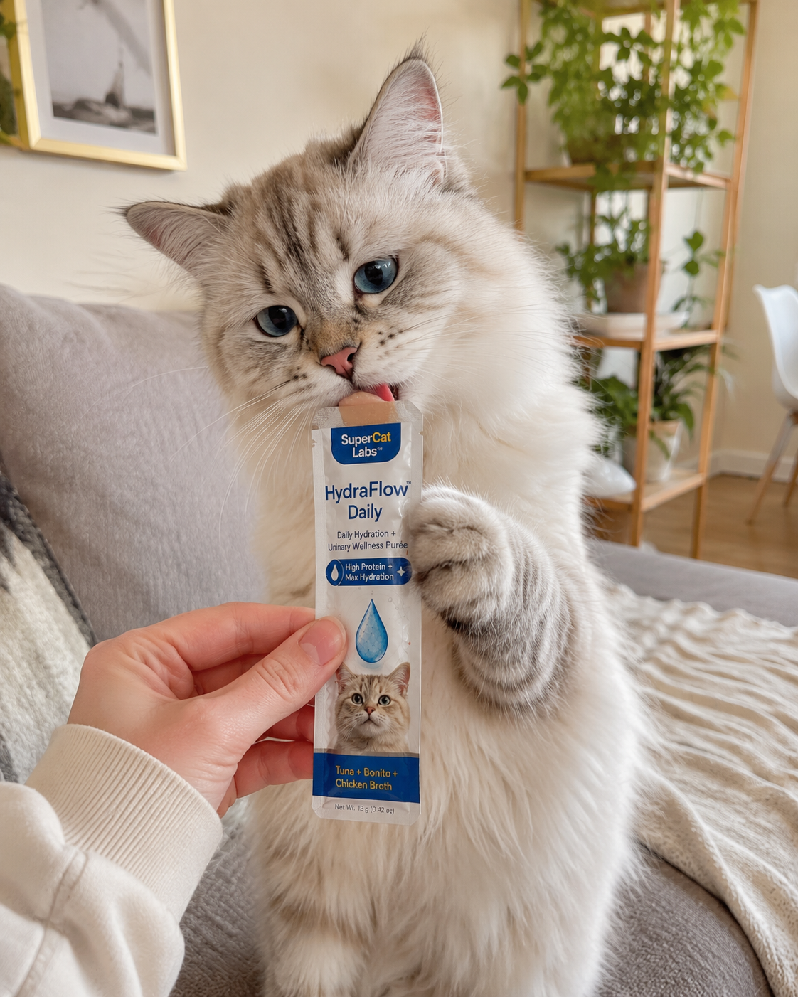 Cat licking a SuperCat HydraFlow Daily sachet