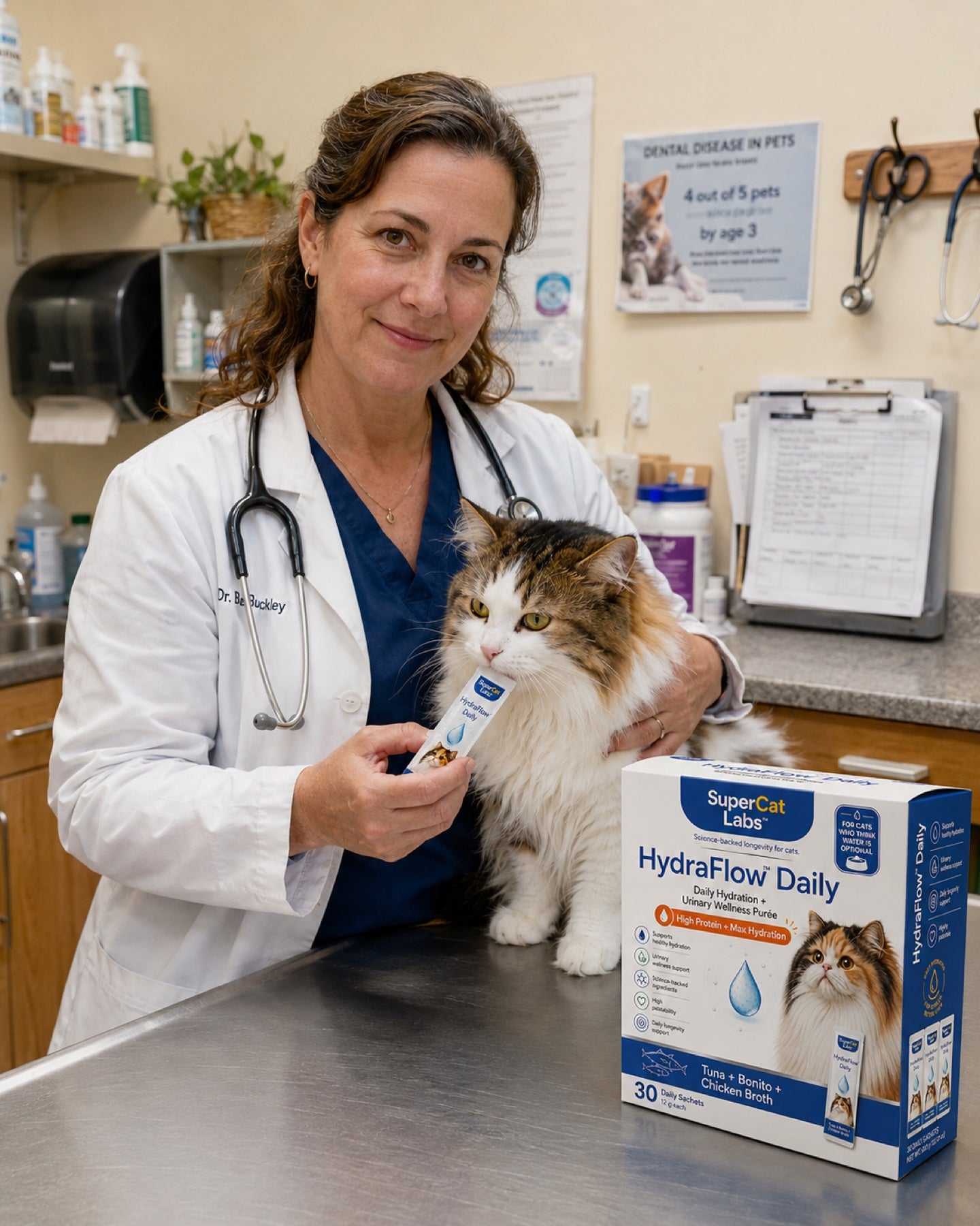 Veterinarian holding a cat with SuperCat HydraFlow Daily