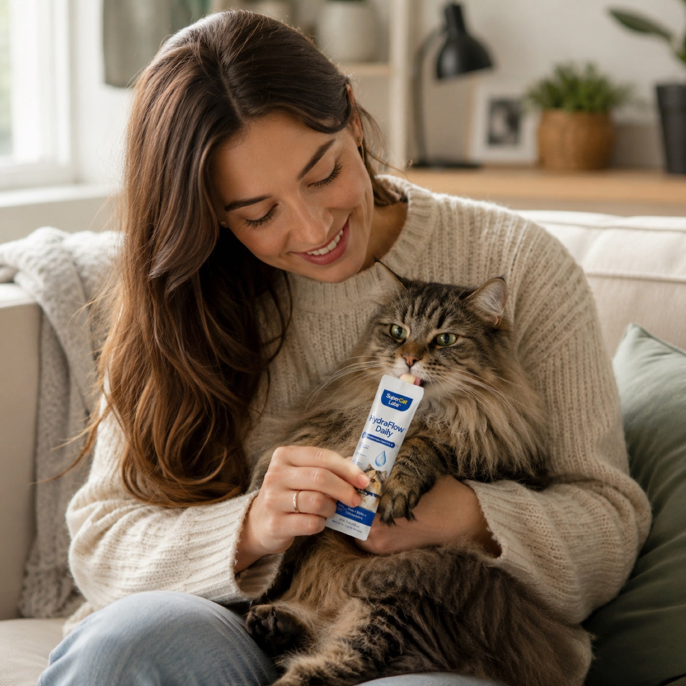 Cat parent offering a SuperCat sachet to her cat