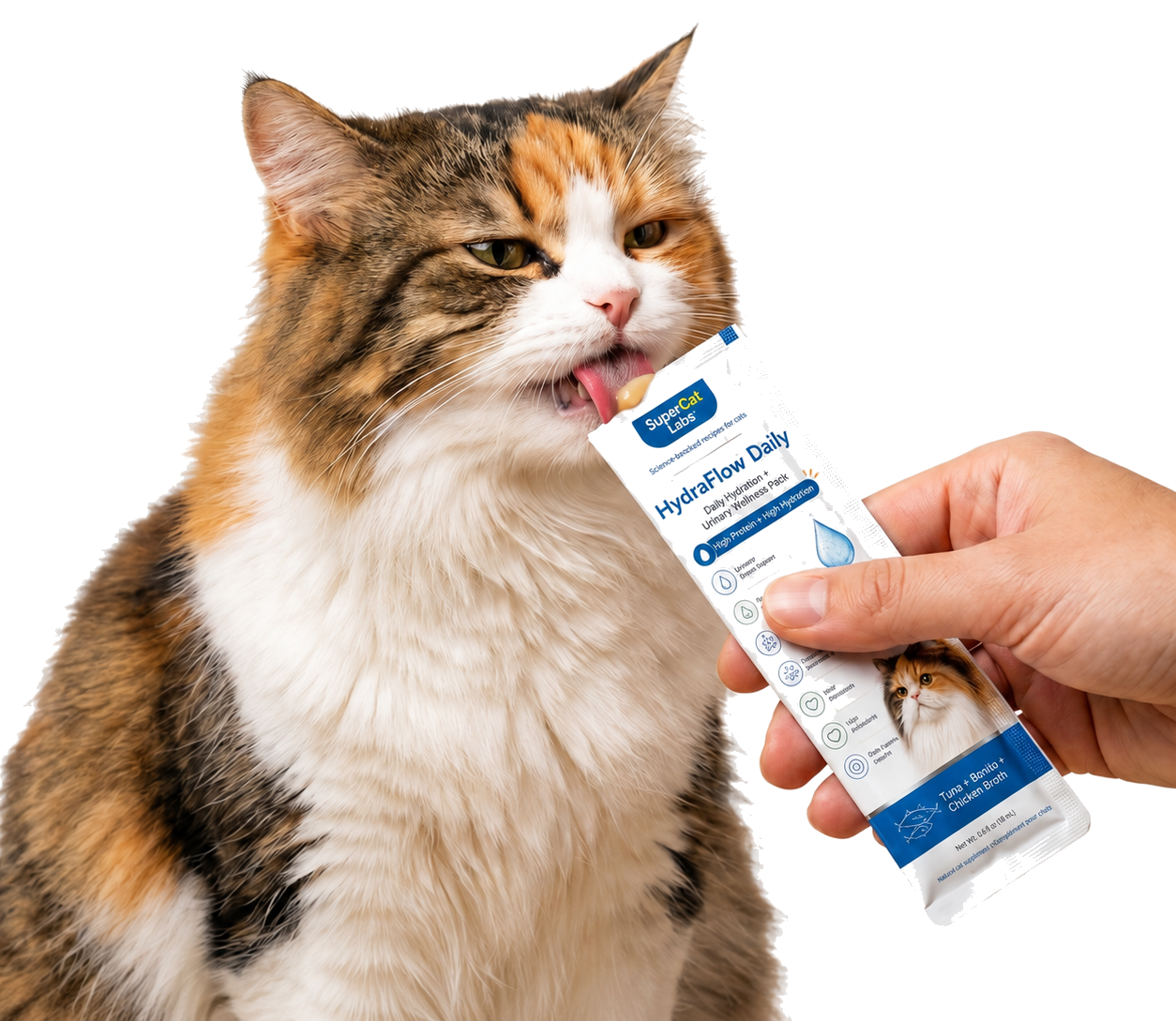 Cat licking HydraFlow Daily from a sachet