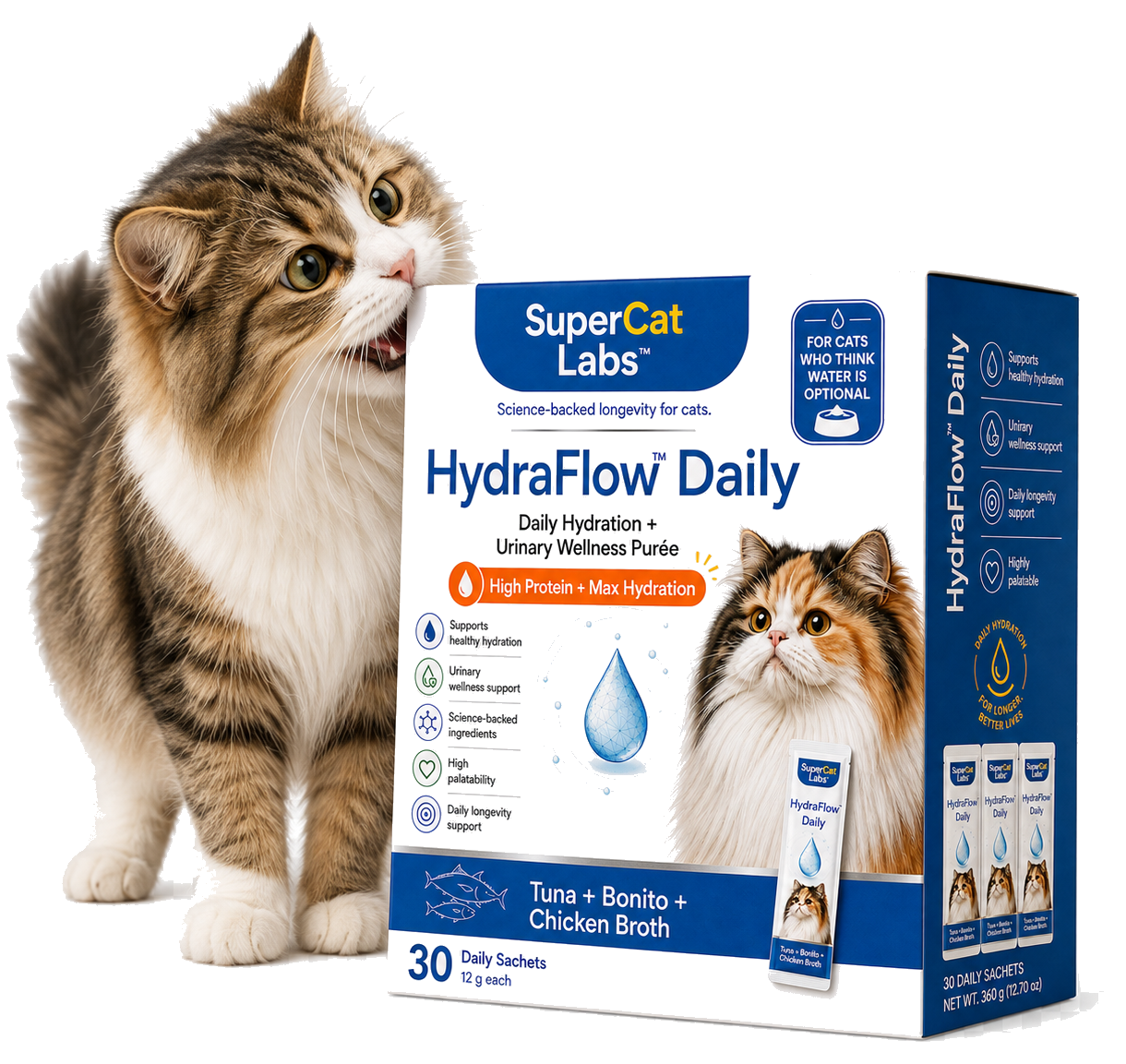 Cat beside a HydraFlow Daily box
