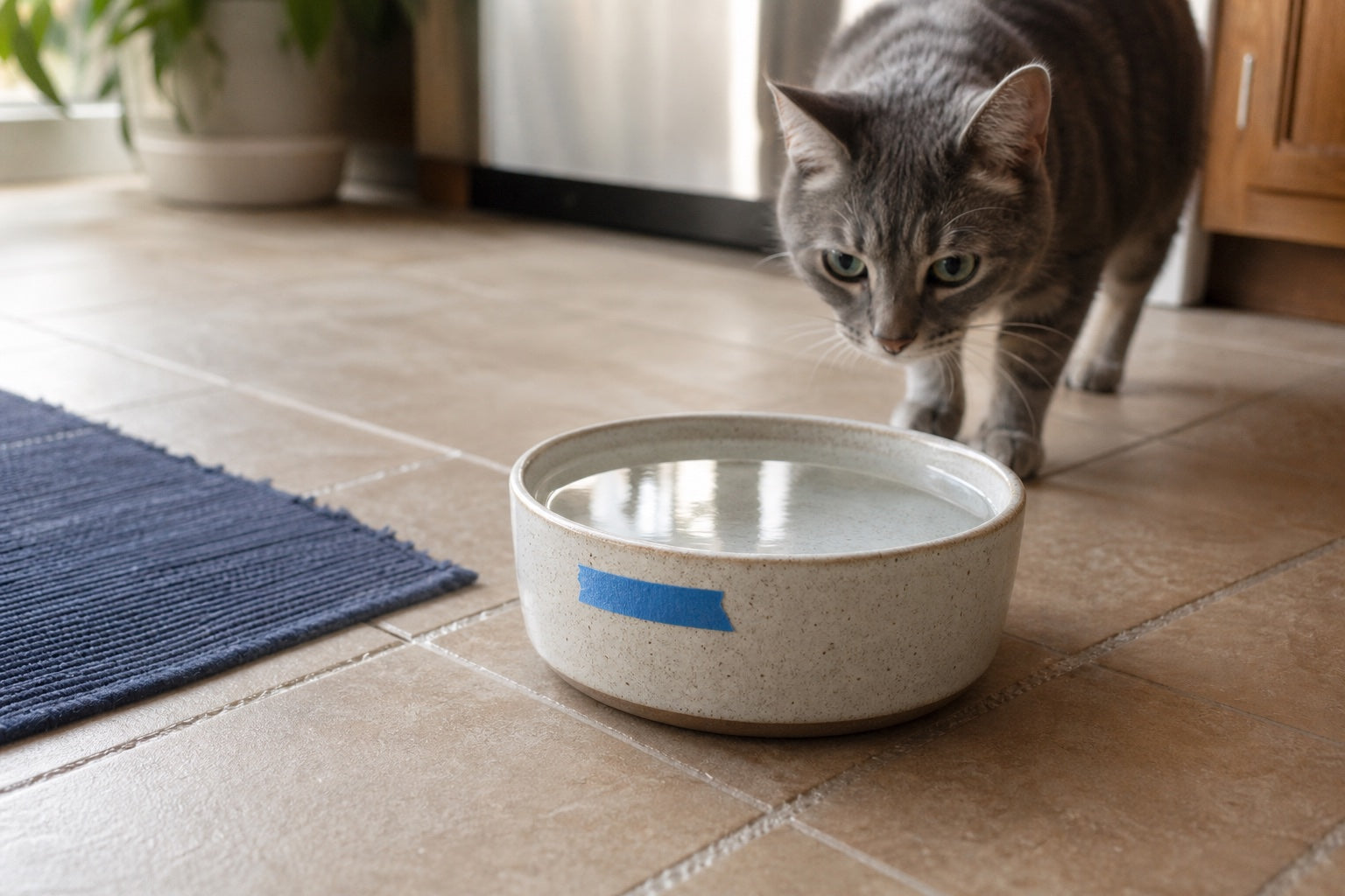 A blue tape marker showing the water level on a cat's ceramic bowl