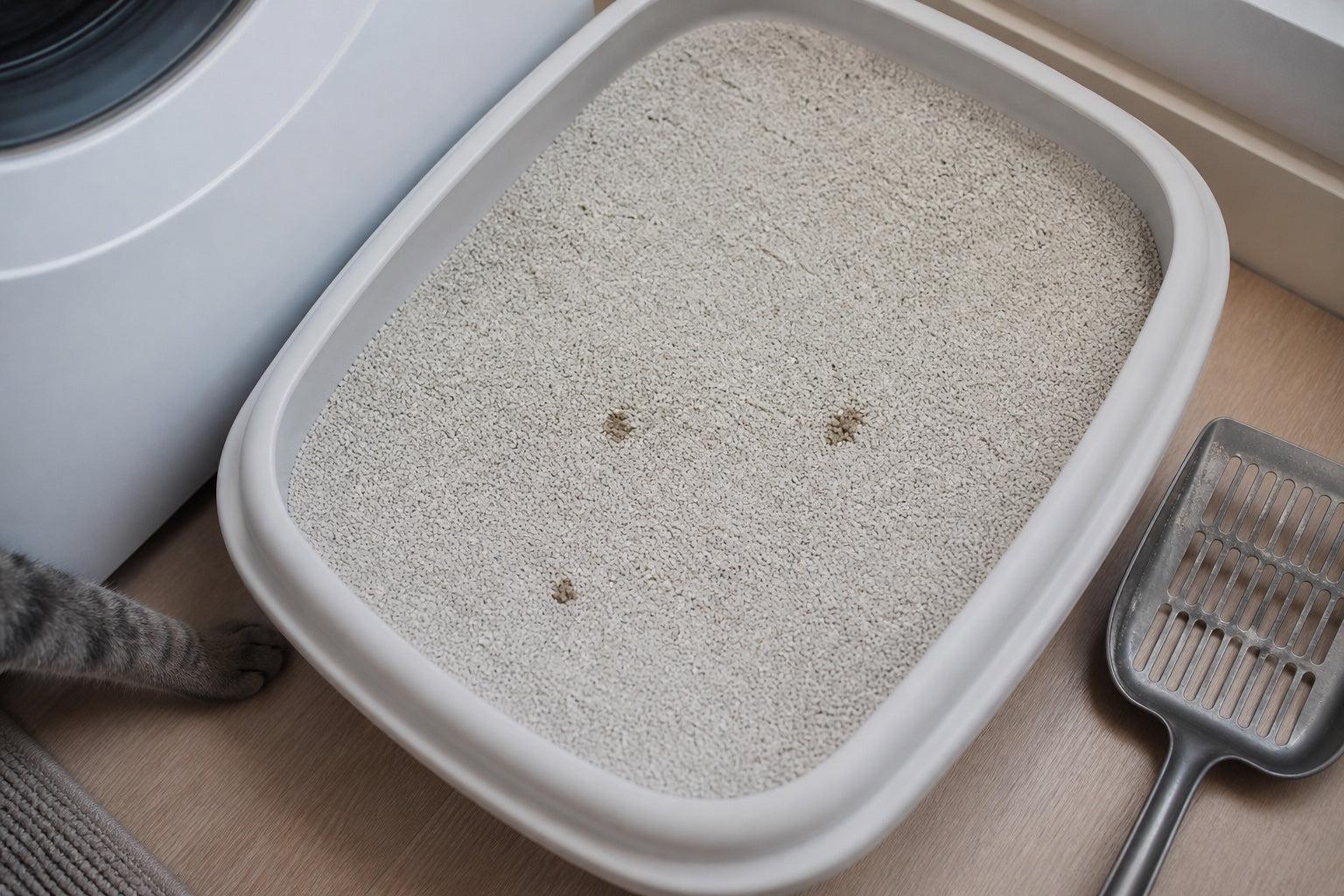 Small dark urine clumps in otherwise clean pale cat litter
