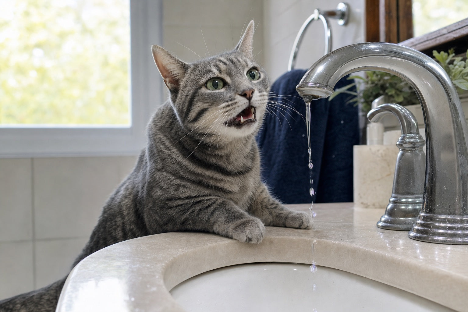 A gray tabby cat meowing beside a gently dripping faucet