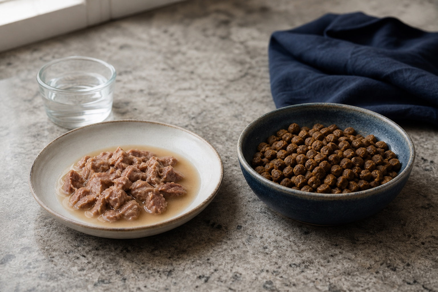 Moist cat food in broth beside a bowl of dry kibble