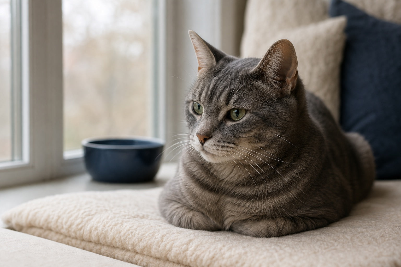 A healthy-looking gray tabby resting near an untouched water bowl