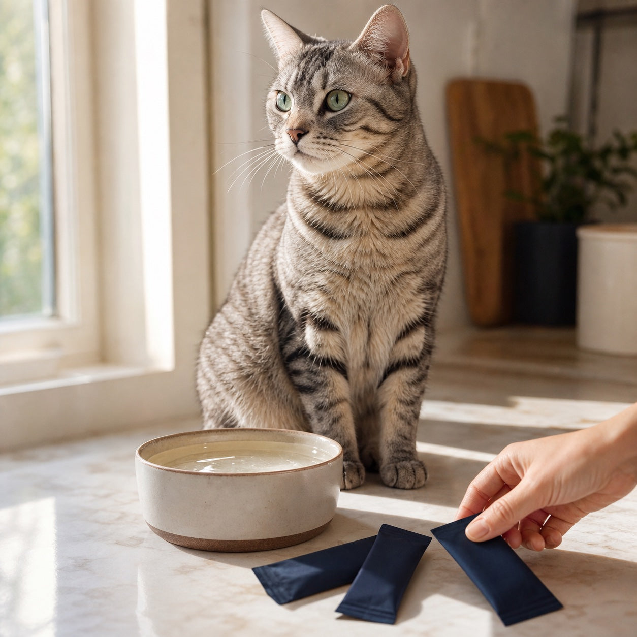 A silver tabby beside a fresh water bowl and daily hydration sachets