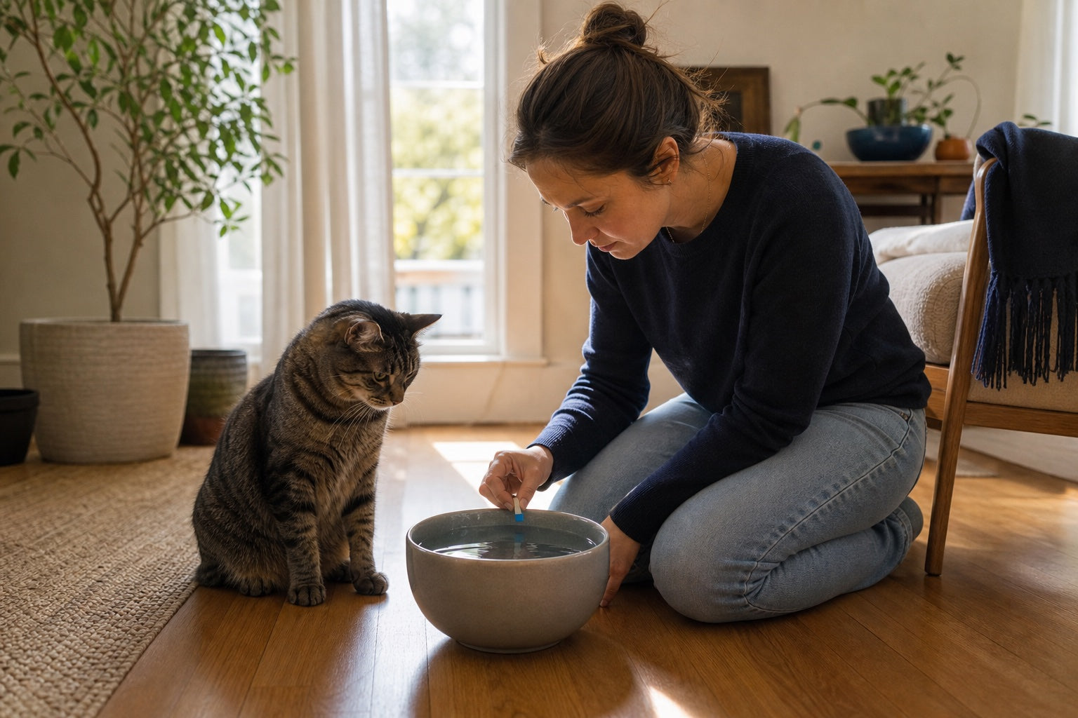 A cat parent marking the water level in her tabby cat's bowl with blue tape