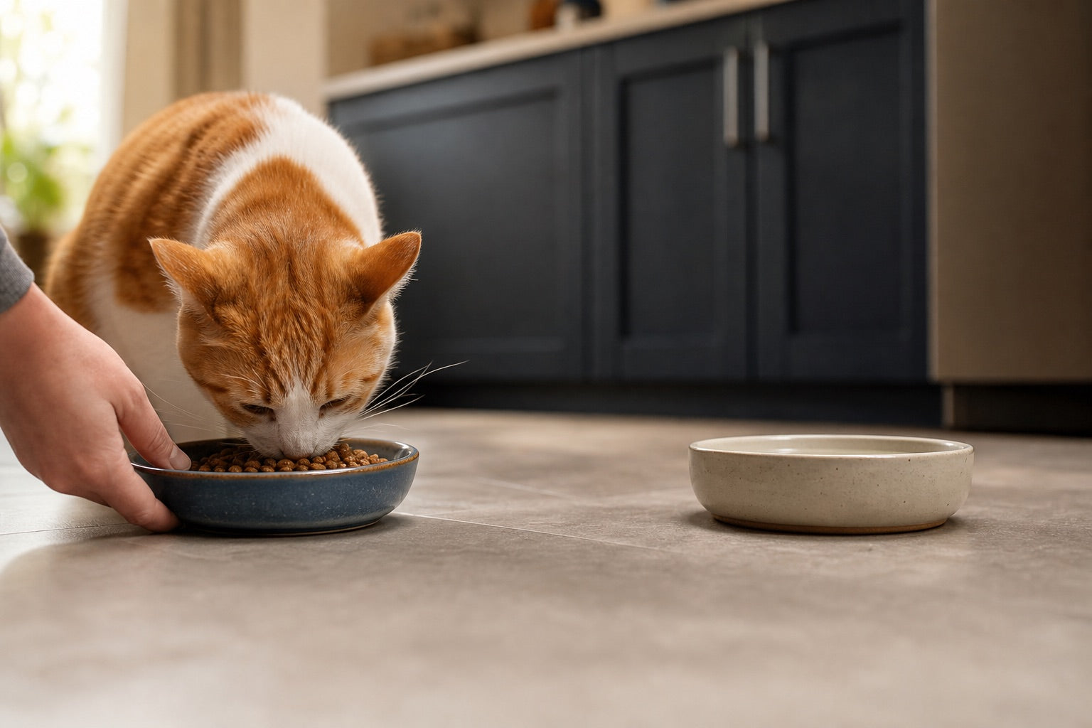An orange-and-white cat eating kibble beside an untouched water bowl