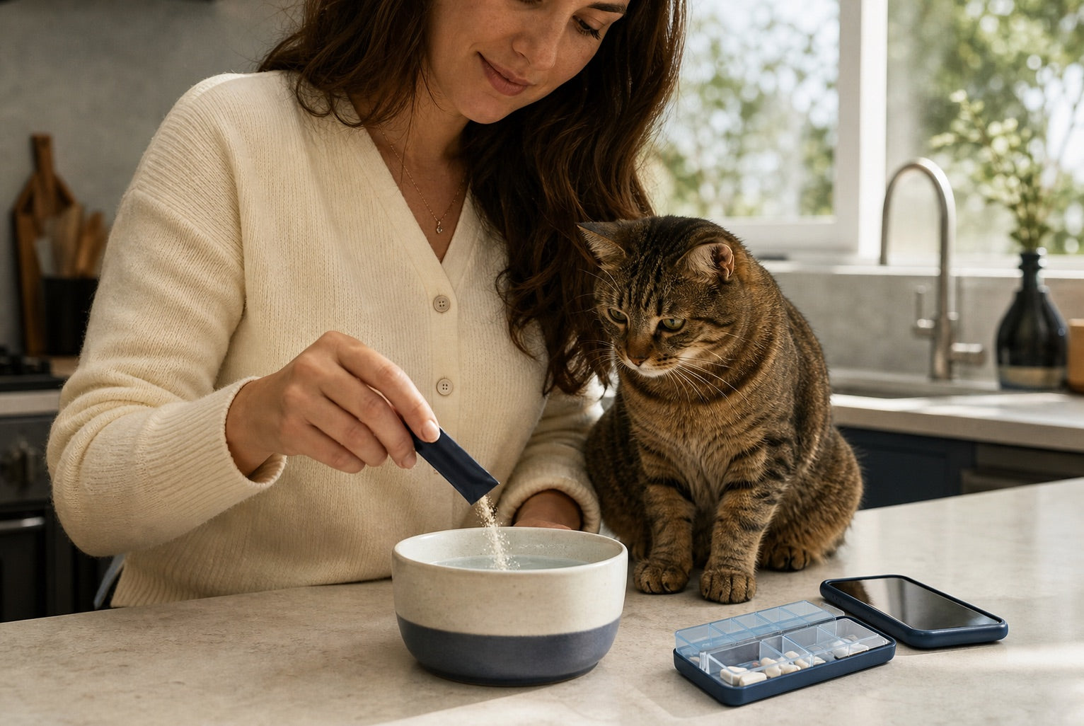 A cat parent adding a daily hydration sachet to a water bowl
