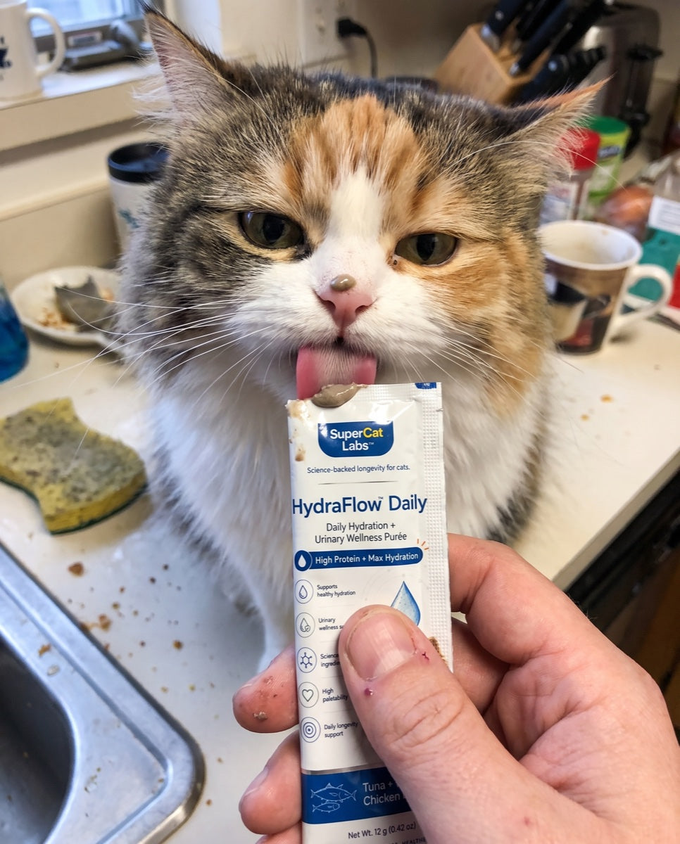 Close-up of a calico cat licking HydraFlow Daily from its sachet