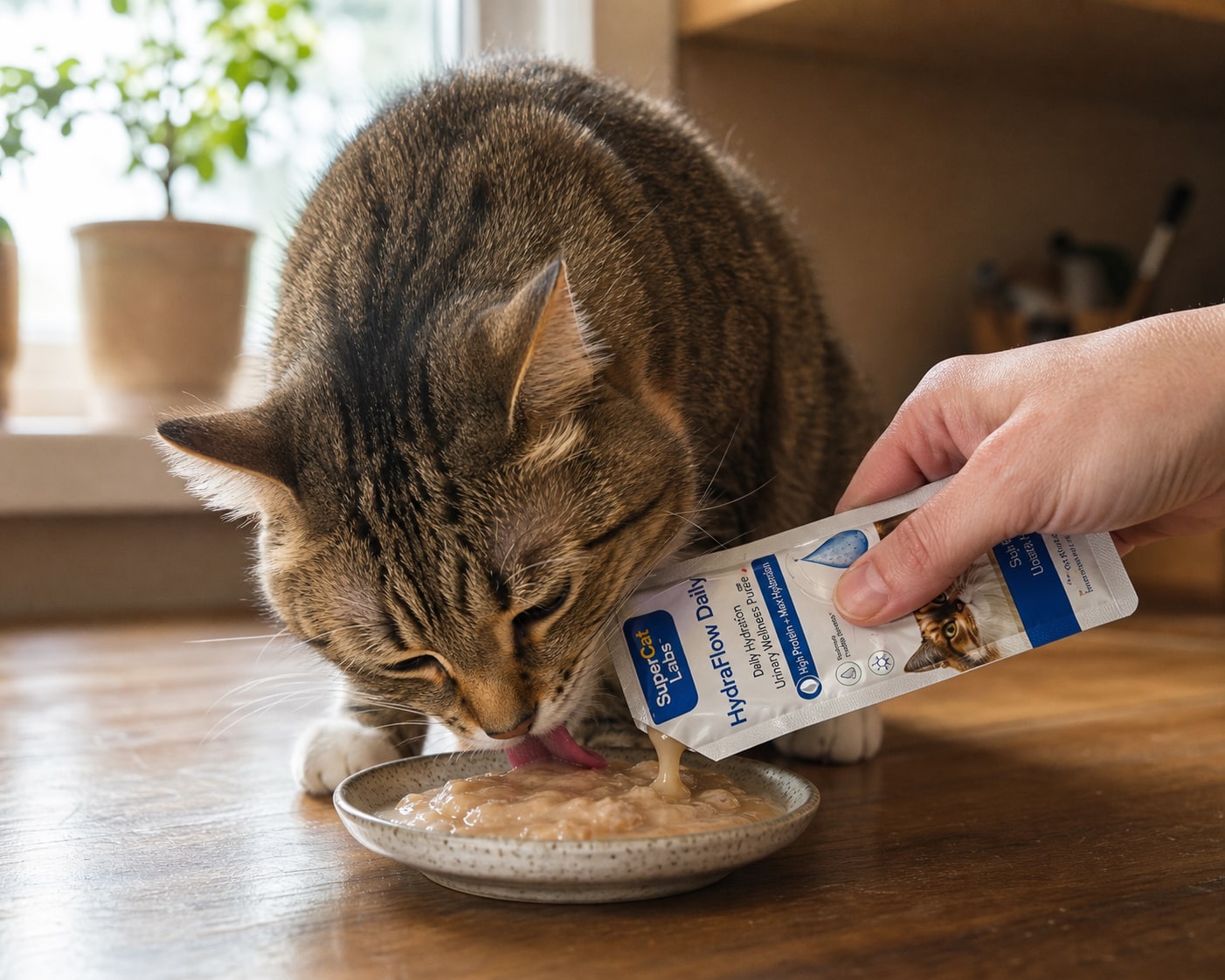 A tabby cat eagerly licking moisture-rich purée as HydraFlow Daily is served into the dish
