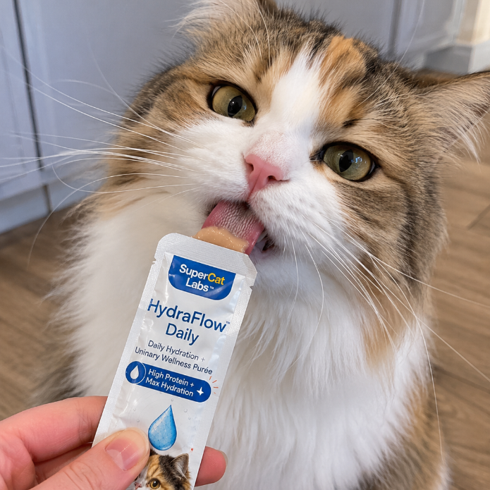 Cat licking SuperCat HydraFlow Daily from a sachet
