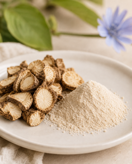 Chicory root pieces and pale FOS prebiotic powder