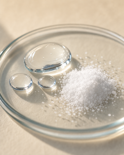 Clear glycerol droplets beside white glycine crystals