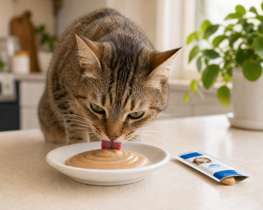 Cat licking daily SuperCat puree from a plate with sachet nearby
