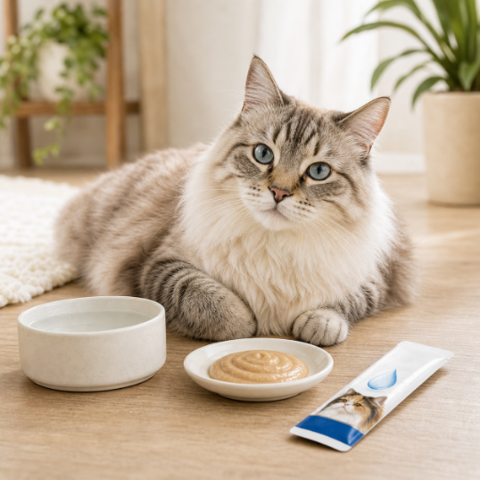 Healthy relaxed cat beside moist puree and hydration routine items