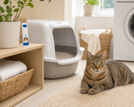 Healthy cat beside a clean litter box during weeks two to four