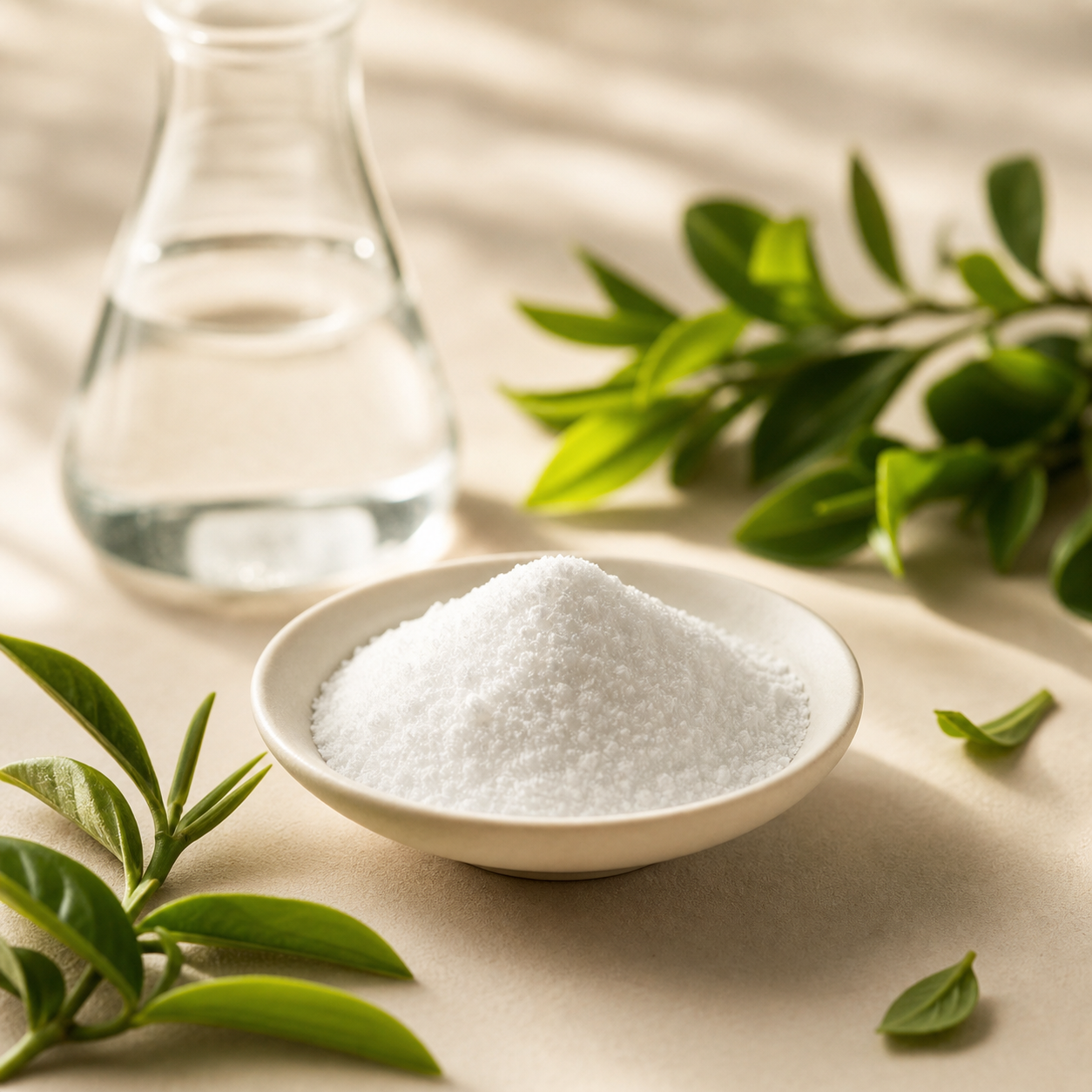 Pure L-Theanine crystals with fresh green tea leaves