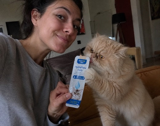 Simon licking a SuperCat sachet