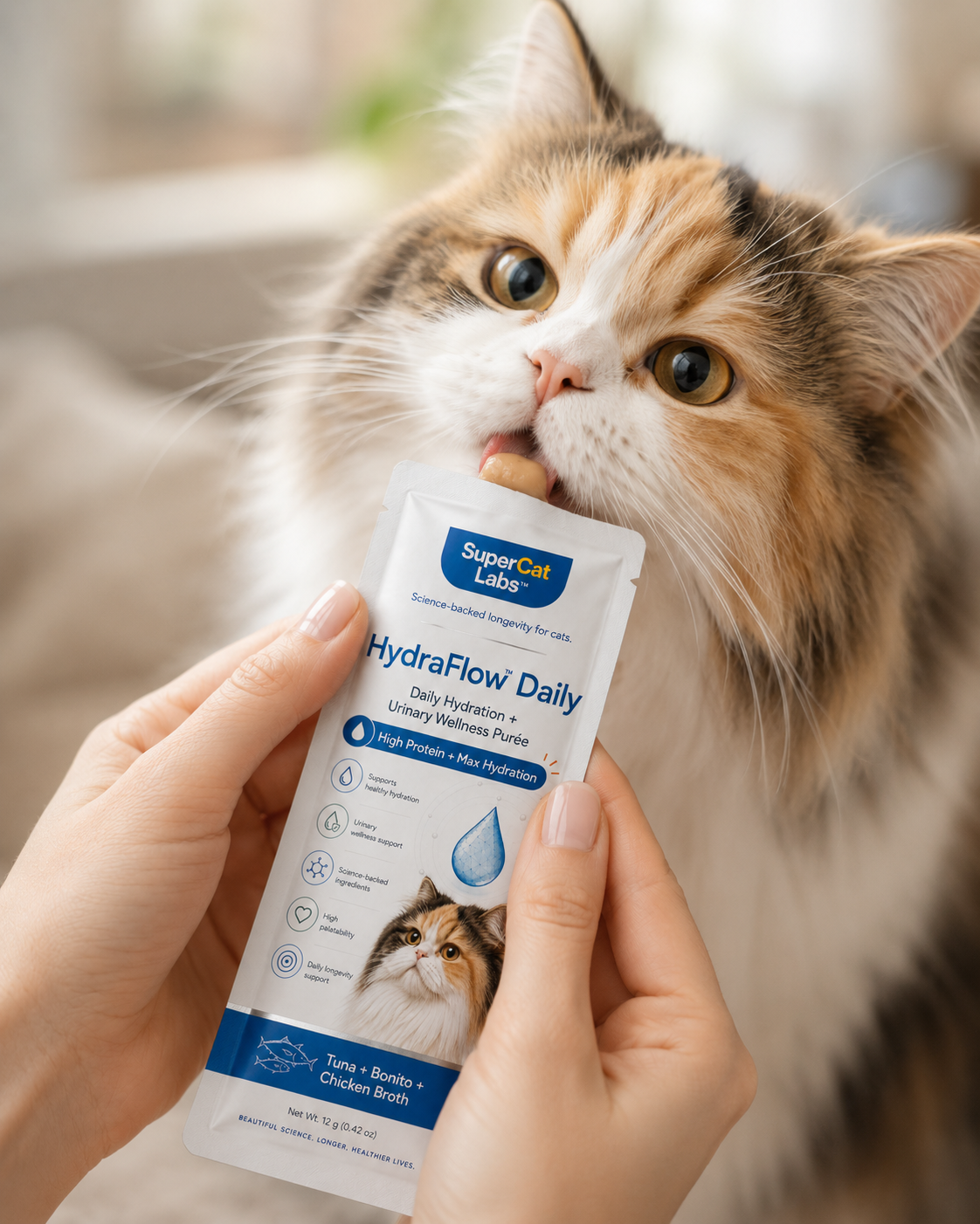 Cat licking HydraFlow Daily from a sachet