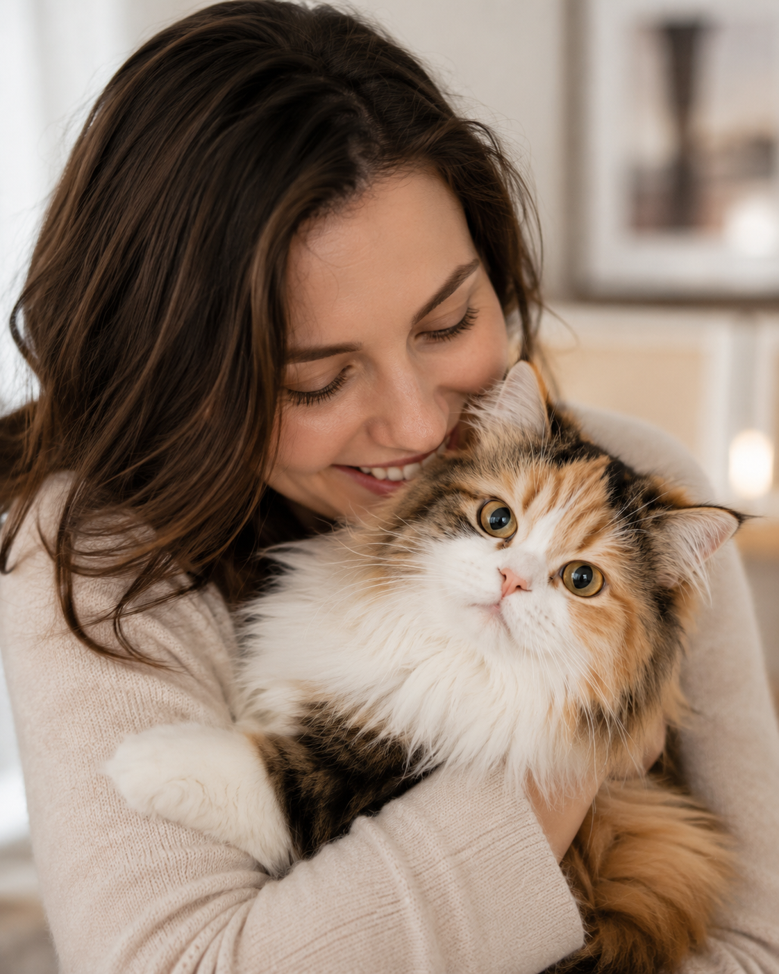 Woman hugging a happy cat