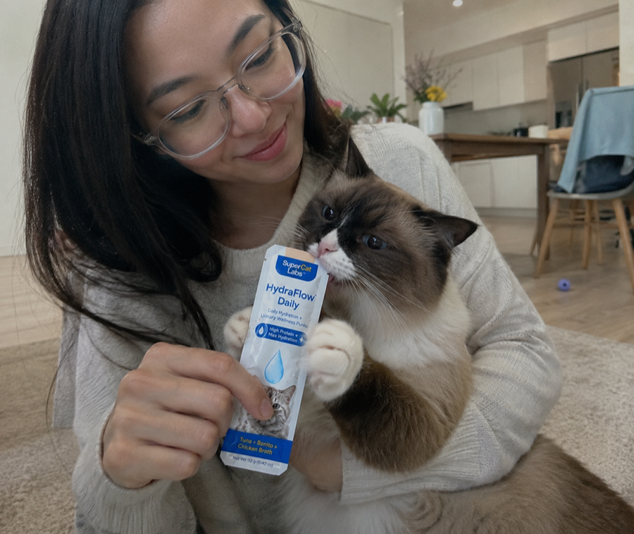 Cat parent with glasses holding SuperCat HydraFlow Daily with a cat