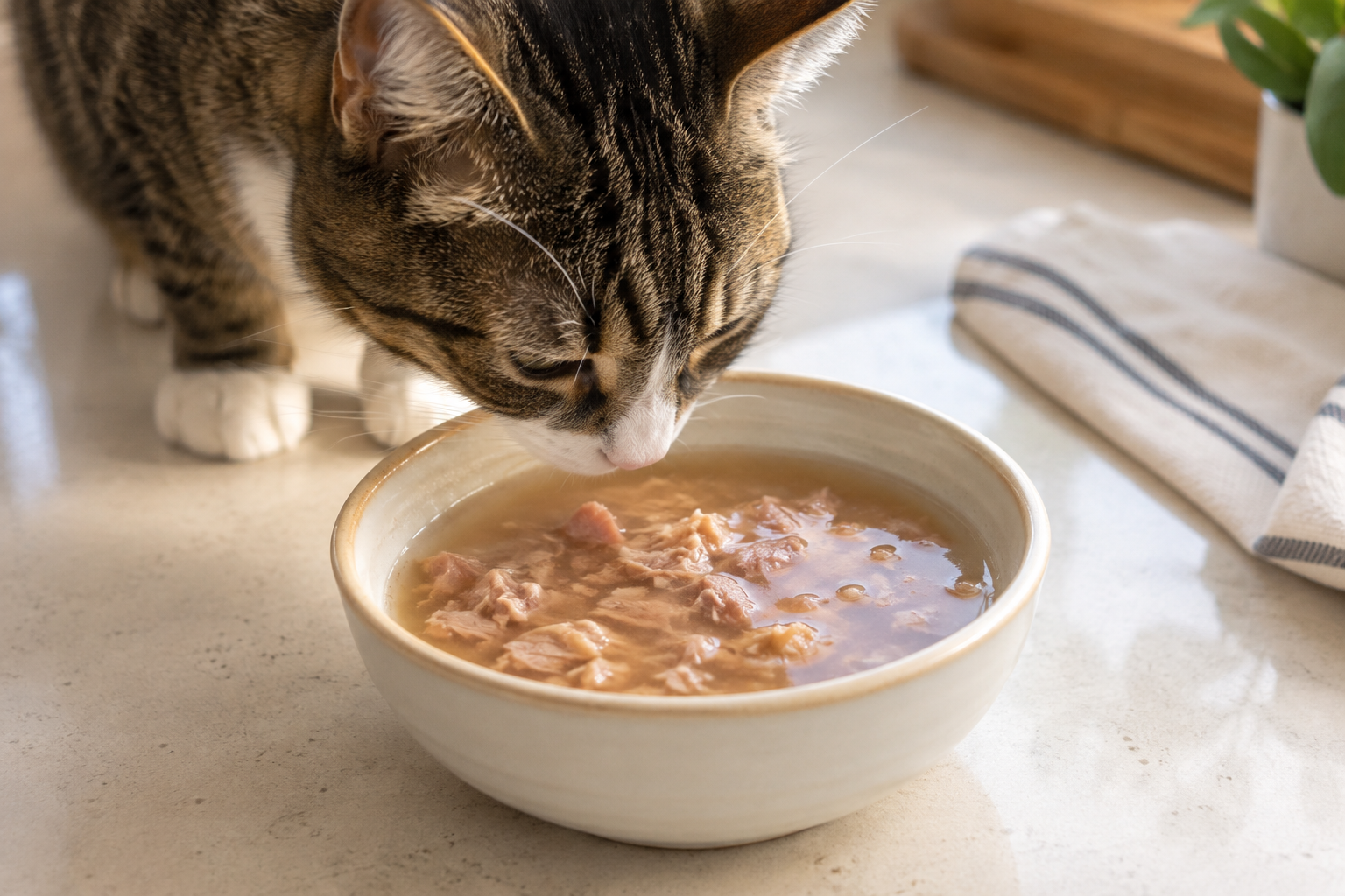 A cat beside a bowl of wet cat food mixed with water