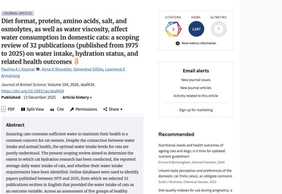 Screenshot of the published feline hydration review citation