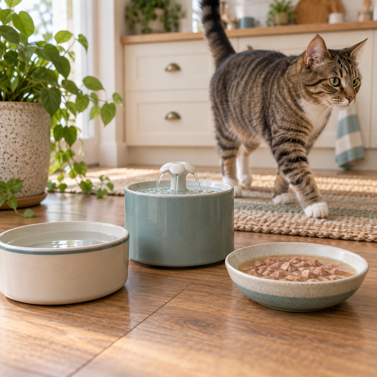 A cat beside familiar water bowls and a fountain