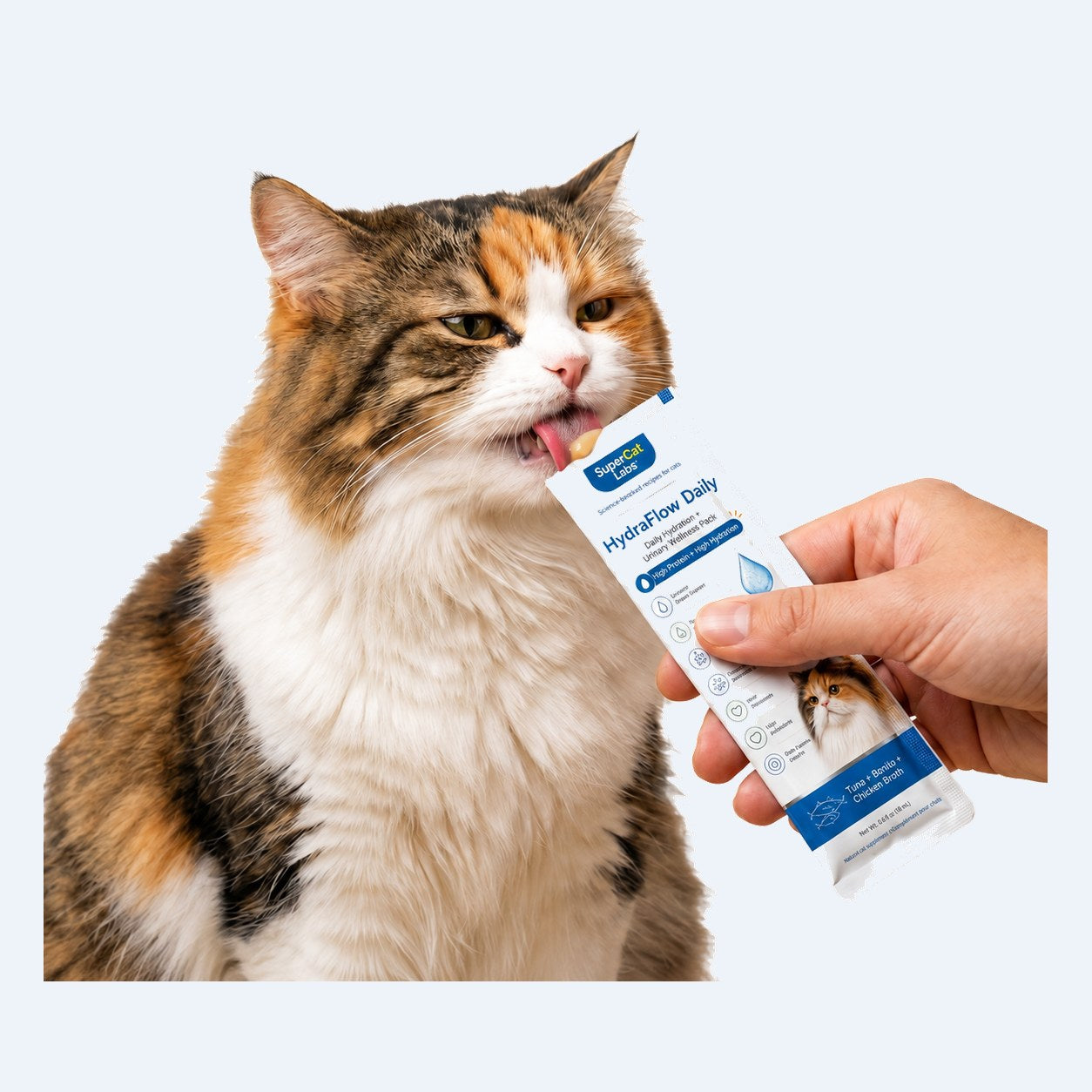 A cat licking a HydraFlow Daily sachet