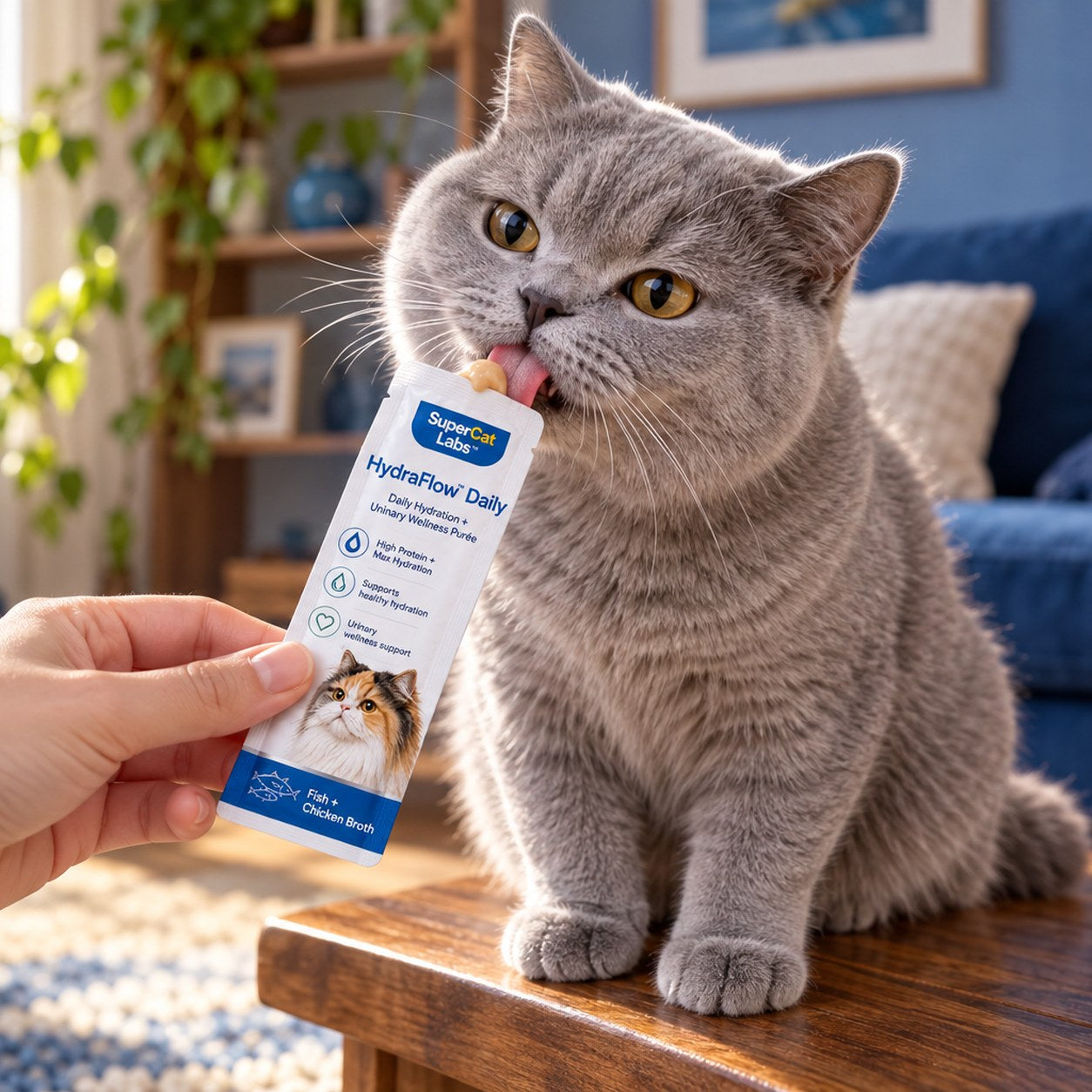 A cat licking a HydraFlow Daily sachet at home